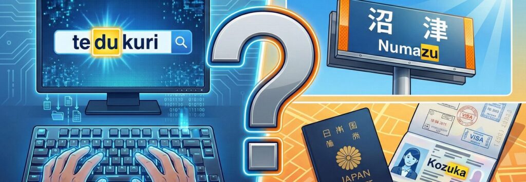 ローマ字入力のdu（tedukuri）と、看板やパスポートの表記zu（Numazu、Kozuka）の食い違いを象徴する比較イメージ