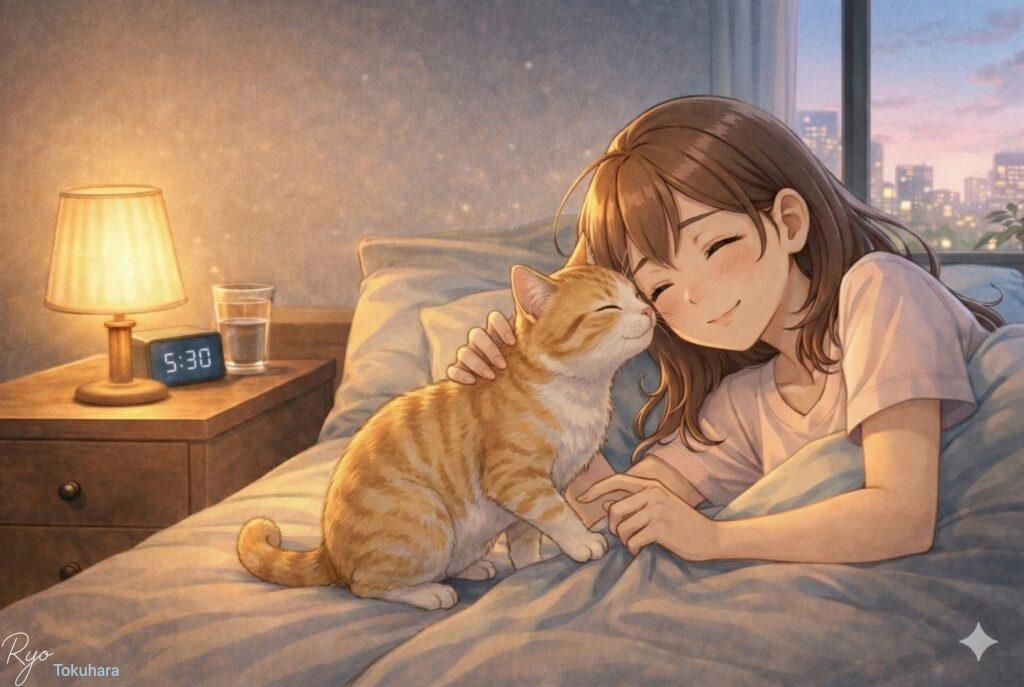 飼い主と穏やかに過ごす猫と規則正しい生活リズムのイメージ