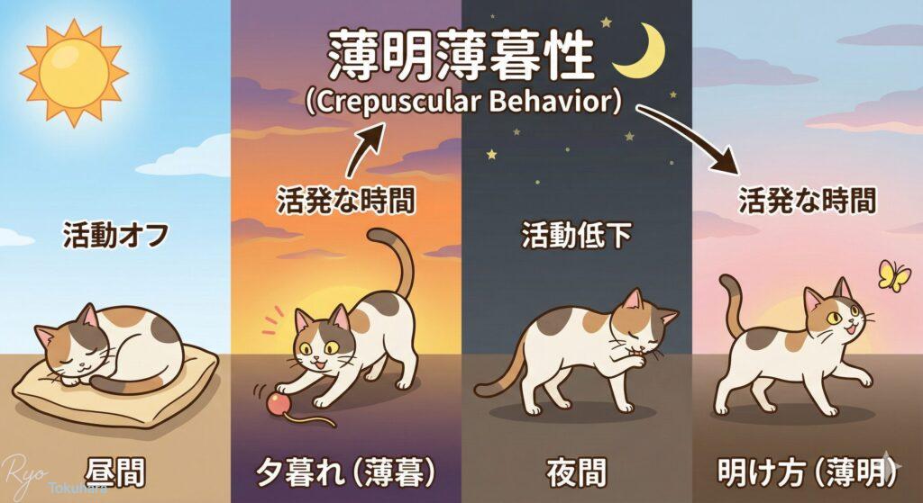 明け方の薄暗い時間帯に活発に動く猫と薄明薄暮性の解説イメージ