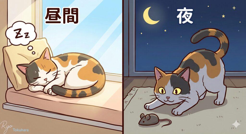 夜の暗闇で見つめる猫の目と夜行性のイメージ図