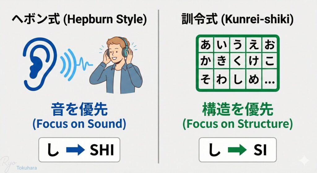 音を重視するヘボン式(shi)と、五十音図の構造を重視する訓令式(si)の設計思想の違いを比較した解説図