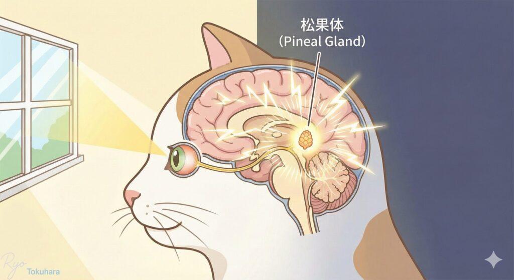 光を感知する猫の頭部と松果体による体内時計の仕組みのイメージ