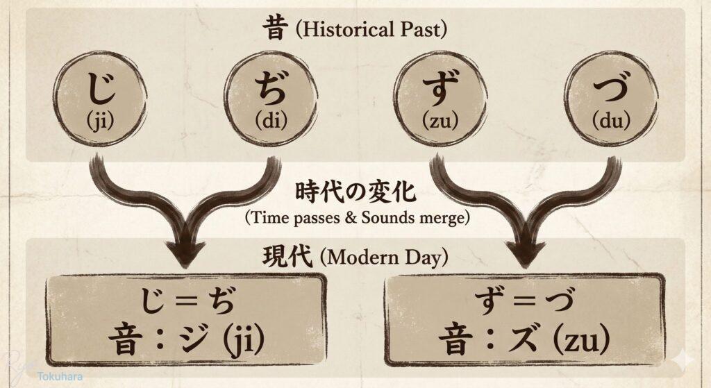江戸時代から現代にかけて「じ・ぢ・ず・づ」の4つの音が2つの音へと統合された歴史(四つ仮名)を示すフローチャート
